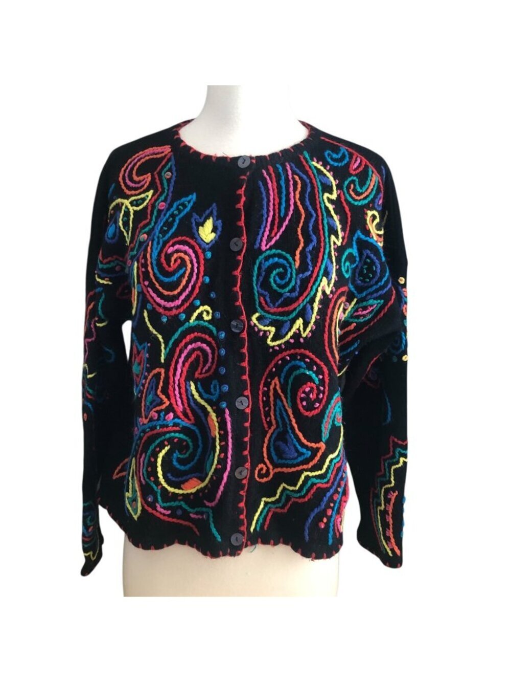 Vintage Kitty Hawk by Vivian Wang Embroidered Cardigan Women's size M Black Wool